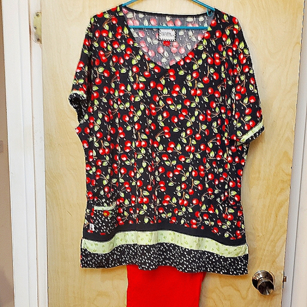Mary's Cherries Mary Engelbreit 2x scrub TOP